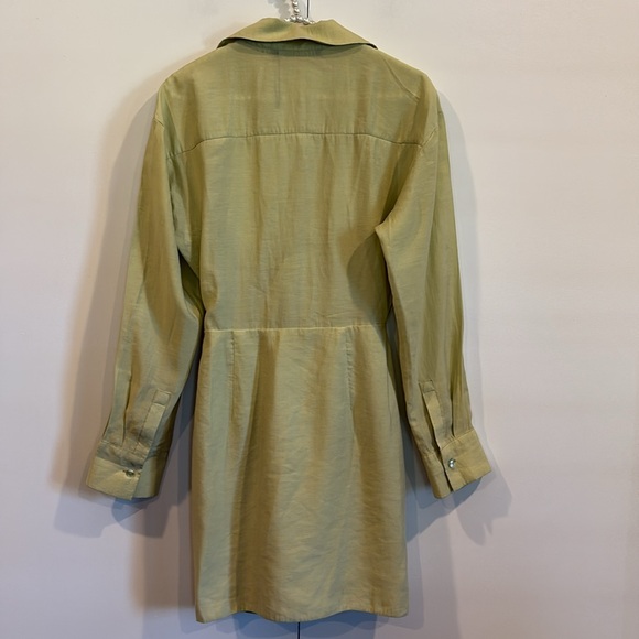 Zara Lime Green Ruched Mini Dress Collared Long Sleeve Shirt Dress XS/Small - Picture 9 of 15